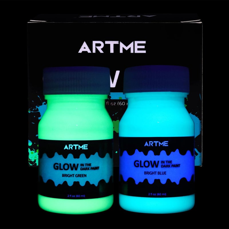 ARTME مجموعة الطلاء المتوهج Artme Glow in The Dark Paint من الألوان الخضراء والزرقاء (60 مل/2 أونصة لكل منهما) طلاء أكريليك متوهج مثالي للرسم الفني والمشروعات اليدوية لديكورات الهالوين والفنانين والطلاب البالغين - Image 3